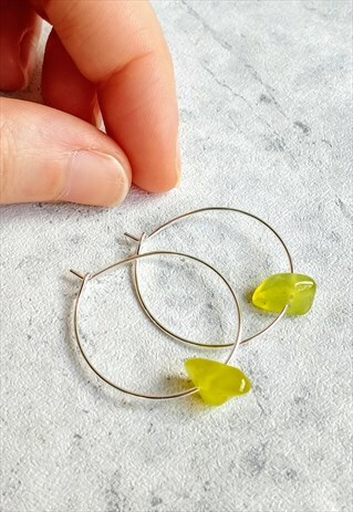 MINI OLIVE JADE GEM STONE HOOP EARRINGS