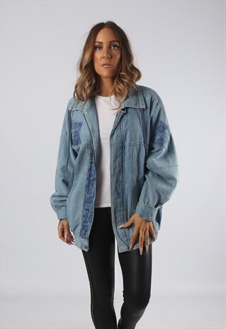 VINTAGE DENIM BOMBER JACKET OVERSIZED FLORAL STRIPED (JRBT)