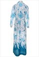 VINTAGE 1970S FLORAL PRINT AQUA BLUE & WHITE SHIRT DRESS - M