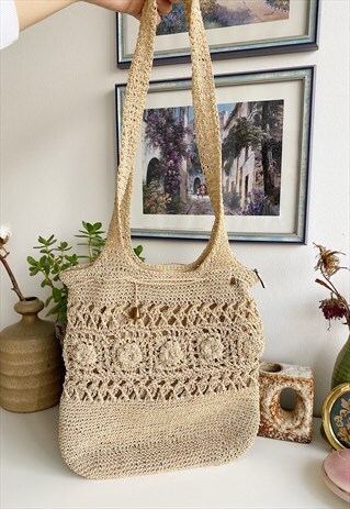 VINTAGE 80S BOHEME CROCHET FESTIVAL SMALL BEACH BAG BOHO