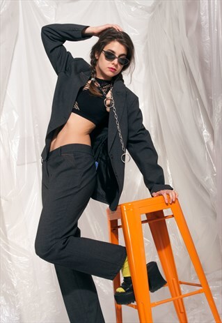 VINTAGE SUIT 90S DARK GREY UNIFORM GIRLBOSS SET