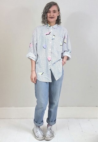 VINTAGE 80'S WHITE GRID CARTOON SHIRT