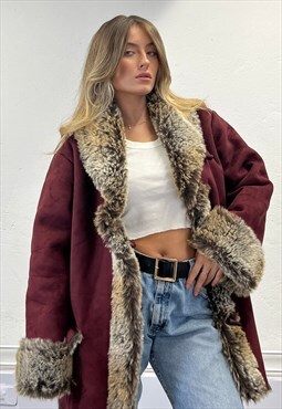Vintage Y2k Burgundy Afghan Faux Suede Coat