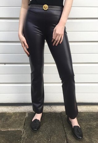 WOMENS VERSACE PURPLE FAUX LEATHER TROUSERS GOLD SKINNY 90S