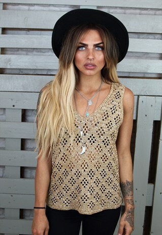 V NECK METALLIC GOLD LUREX VEST TOP
