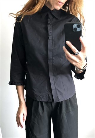 FRILL RUFFLED BLACK COTTON SLIM FIT GOTH WEDNESDAY SHIRT M