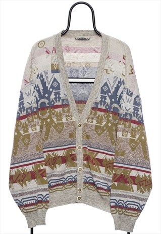 VINTAGE COMPASS CARD CREAM ABSTRACT PATTERN CARDIGAN WOMENS