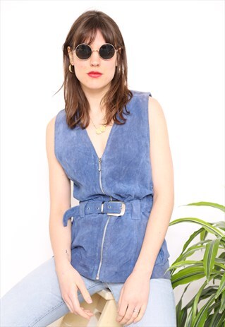 VINTAGE 70S BLUE SUEDE ZIP WAISTCOAT TOP
