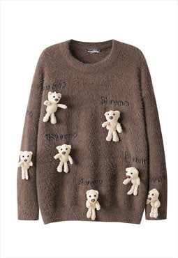 Teddy sweater bear patch jumper knitted Kawaii top in brown