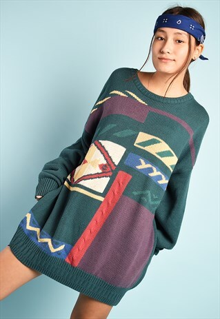VINTAGE 90'S RETRO ABSTRACT PATTERN KNIT OVERSIZED JUMPER