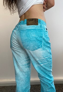 Just Cavalli turquoise faded floral print Y2K flared jeans