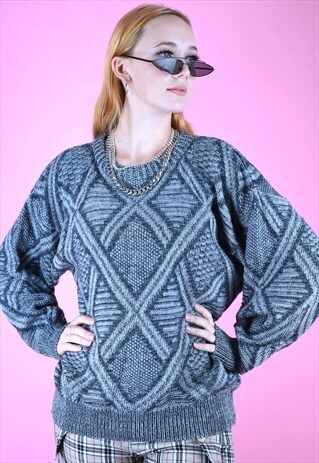 VINTAGE 90S KNIT JUMPER GEOMETRIC PATTERN BLUE GREY