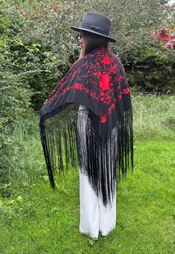 30's Vintage Black Red Embroidery Fringed Piano Shawl