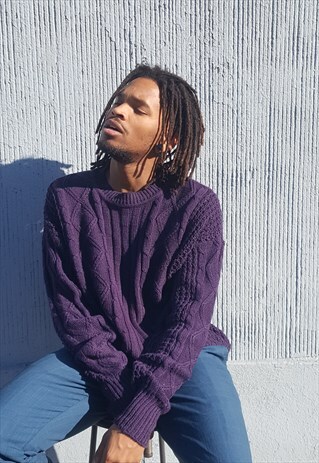 90S OVERSIZE LUXURY PURPLE CABLE KNIT LINEN BLEND JUMPER