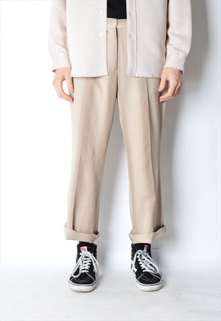 VINTAGE 80S UNISEX BEIGE STRIPED LIGHTWEIGHT PANTS