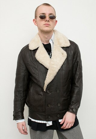 VINTAGE BROWN REAL LEATHER JACKET HEAVY COLLARED OUTERWEAR