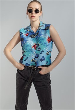 Vintage Reworked Boxy Fit Sleeveless Crop Shirt Fish Print S