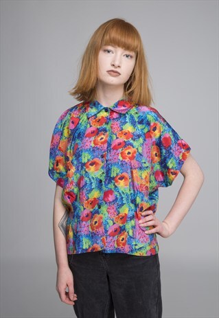 VINTAGE BRIGHT FLORAL SILK BLOUSE