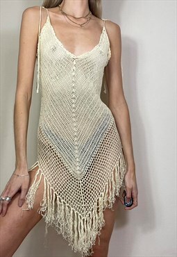 Vintage Y2K Crochet Slip Midi Dress Summer Beach
