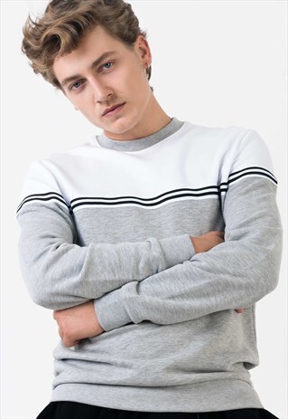 STRIPED GREY SWEATSHIRT WITH COLOR BLOCKING IN WHITE