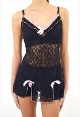 Vintage Y2K Mini Dress in Black Lace, Pink Bow Detail