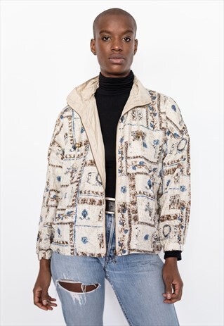 80S VINTAGE BEIGE AND BLUE PRINT BOMBER JACKET