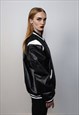 FAUX LEATHER UTILITY JACKET BIKER PU AVIATOR RETRO IN BLACK