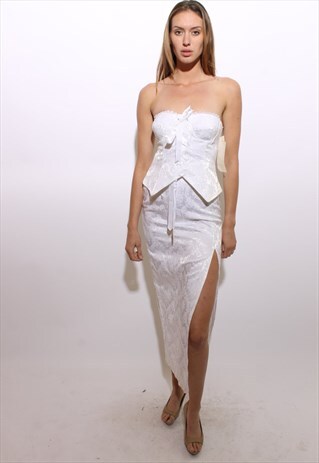 VINTAGE 1980'S 80'S STRAPLESS WHITE RIBBON CORSET DRESS XS-S