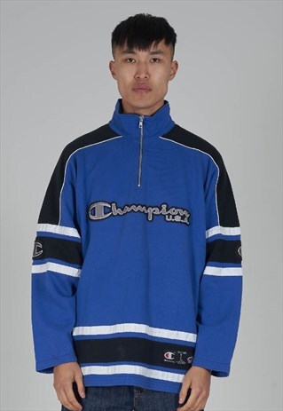 VINTAGE 90'S CHAMPION LOGO BLUE THREE QUARTER ZIP SWEATER