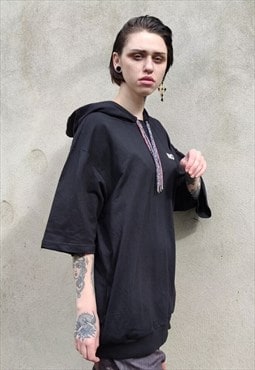 Half sleeve oversized hoodie double lace pullover in black