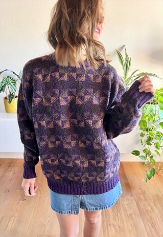 1980'S VINTAGE PURPLE AND GREEN GEOMETRIC KNIT WOOL PULLOVER