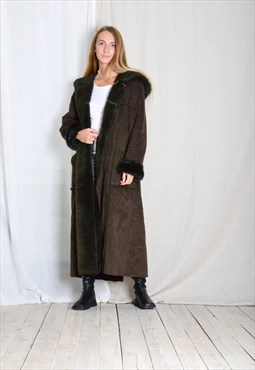 Vintage 90s Khaki Green Grunge Hooded Warm Winter Long Coat