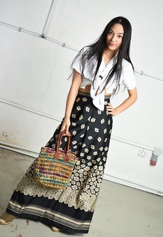 VINTAGE 70S RETRO MAXI PARIS CHIC SKIRT BLACK FLORAL PRINT