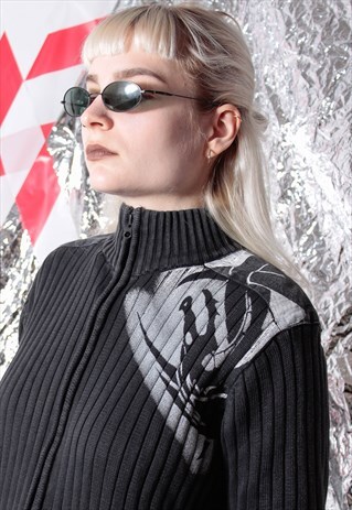 90S GRUNGE Y2K GOTHIC DRAGON KNIT ZIP BLACK CARDIGAN SWEATER
