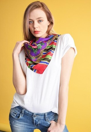 VINTAGE 70'S BOHO SHIMMER FLORAL & STRIPED PATTERN SCARF