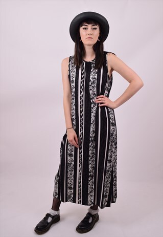 VINTAGE 90'S FULL LENGTH BLACK & WHITE AZTEC DRESS 10 12 14