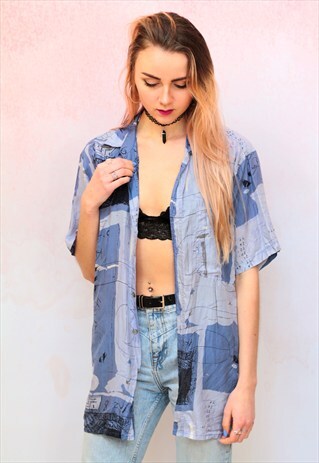1990S VINTAGE BLUE PATTERNED PRINT PURE SILK SHIRT
