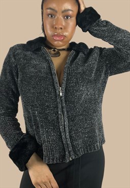 Vintage 90s Cardigan Sweater Chenille Fur Collar Zip Up in G