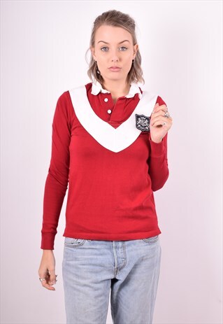 RALPH LAUREN WOMENS VINTAGE RUGBY POLO SHIRT SMALL RED 90'S