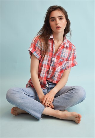 90'S RETRO TARTAN CHECKED PRINT BOYFRIENDS OVERSIZED BLOUSE