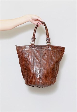 VINTAGE 1970'S BROWN FAUX SNAKE LEATHER SHOULDER BAG
