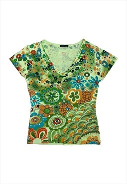 Y2K Green Graphic Print Floral Top