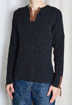 Y2K Dark Grey Ribbed Knit Grunge Sweater Mens Jumper