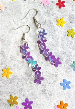 Iridescent Flower Sequin Trickle Earrings Lilac