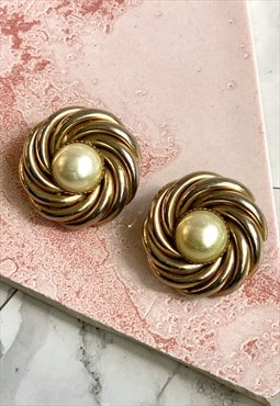 80s Gold Spiral Faux Pearl Earrings Vintage Jewellery 