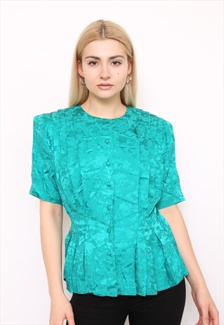 VINTAGE 80S GREEN SILK FLORAL PLEATED BLOUSE
