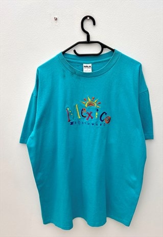 VINTAGE MEXICO BLUE EMBROIDERED TOURIST T-SHIRT XL 