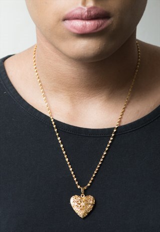 24K GOLD PLATED CHUNKY HEART LOCKET ON FANCY CHAIN