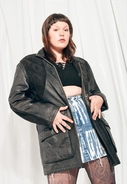 Vintage Leather Jacket 90s Unisex Boxy Fit Black Coat