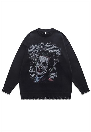 JOKER PRINT SWEATER CLOWN JUMPER RIPPED KNITTED CREEPY TOP